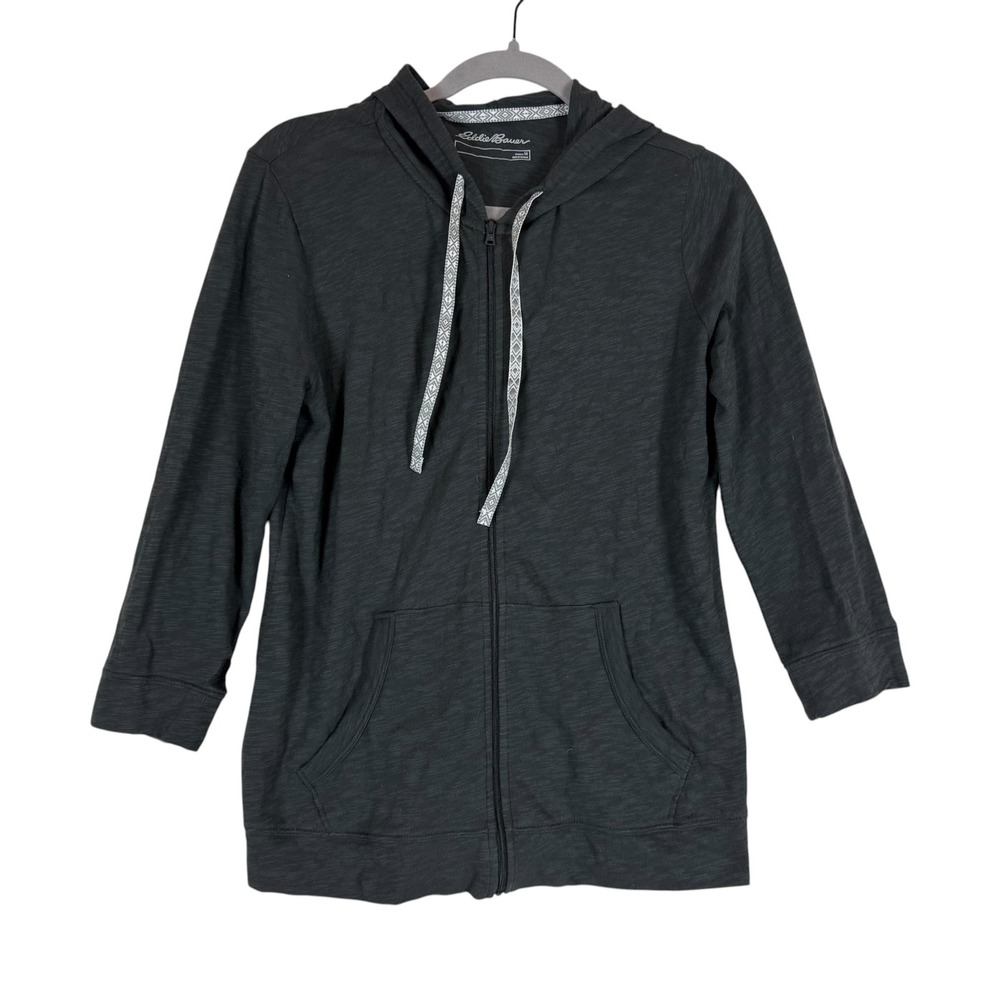 Eddie Bauer Hoodie Womens Medium Gray Full Zip Lightweight 3/4 Sleeve Pockets